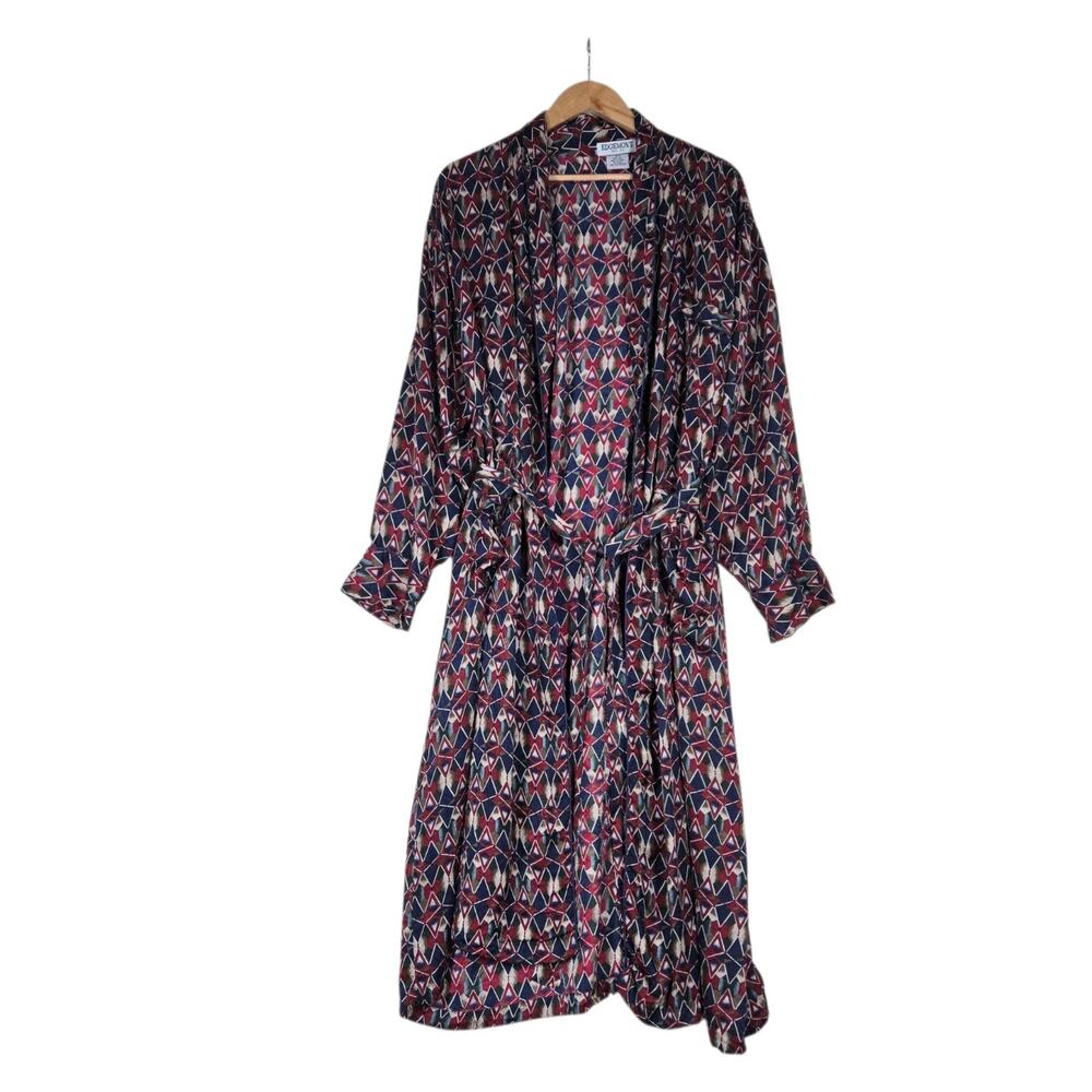 Edgemont Silk Robe Duster OS Multicolor Geometric Belted Boho Gallery Chic